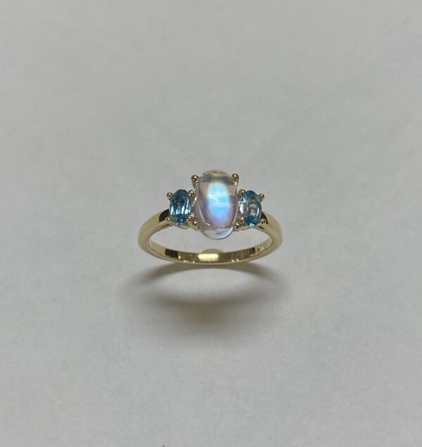 Moonstone & 2 Zircon Gemstones Yellow Gold Band