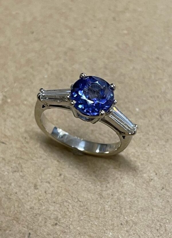 Sterling Silver Tanzanite Ring w/ 2 Tapered Baguette Diamonds - Image 2