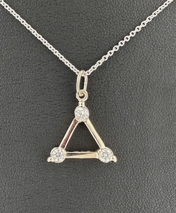 14 kt gold triangle with 3 brilliant diamond pendant on a 16 inch 14 kt gold chain